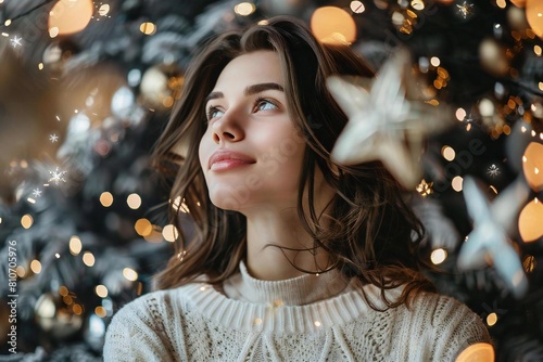 Festive Young Caucasian Woman with Stars and Ornaments Background