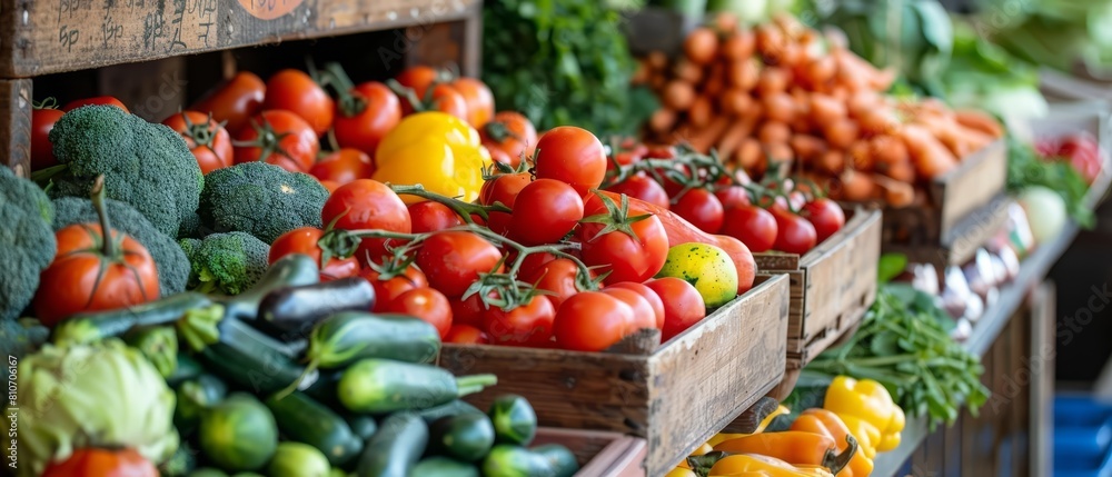 A closeup stock photo of a colorful assortment of fresh vegetables on a market stall, perfect for organic food advertising, with a natural backdrop