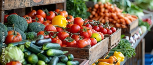 A closeup stock photo of a colorful assortment of fresh vegetables on a market stall  perfect for organic food advertising  with a natural backdrop