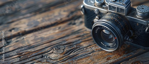 A detailed closeup shot of a vintage camera on a wooden surface, capturing the nostalgia suitable for photographythemed advertisements photo