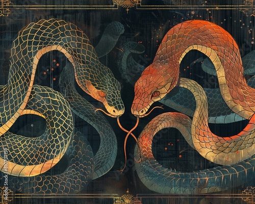 A toxic conversation visualized as two snakes spitting venom at each other Art Deco photo