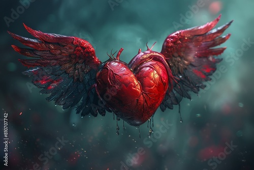 A heart with wings struggling to fly, illustrating heart valve disease Fantasy Art photo