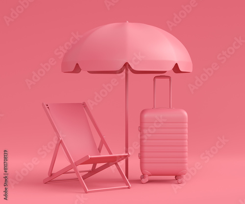 Colorful beach rings, chair, umbrellas and luggage on monochrome background.