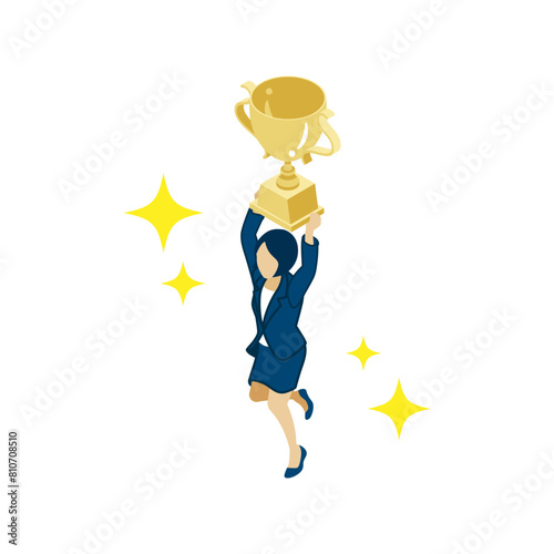トロフィーを掲げるビジネスウーマン - アイソメトリック