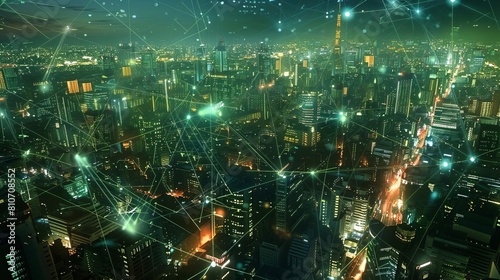 A vibrant, illuminated network over a cityscape at night, symbolizing global connectivity and data communication