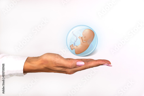 Female hand with an embryo icon. Protection concept.