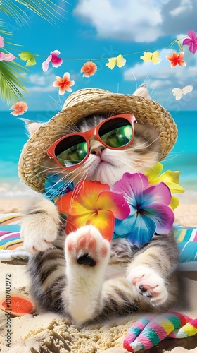 Relaxed Cat with Sunglasses and Hat Enjoying Tropical Beach Vacation © jumaidilfadil