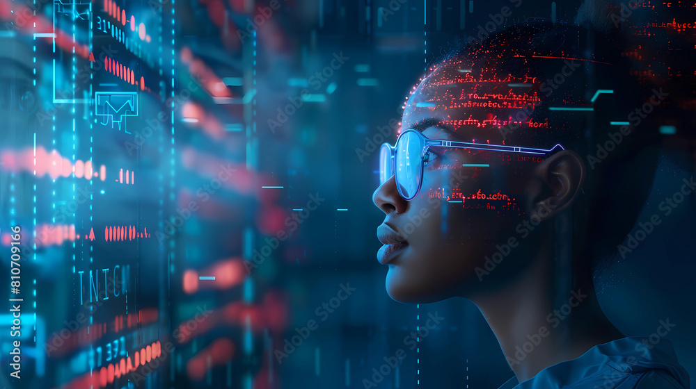 Fototapeta premium AI cyber security threat illustration, IT specialist analyzing data information technology, augmented reality artificial intelligence collage, copy space - Generated by Generative AI