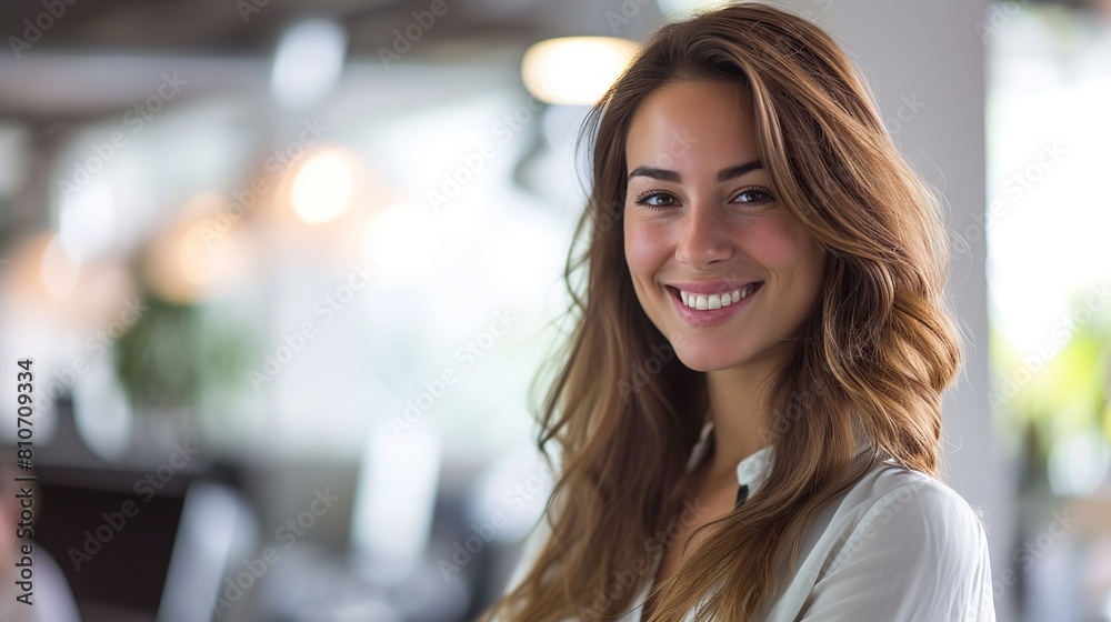 Confident entrepreneur: smiling businesswoman in casual attire poses in modern workspace environment Confident entrepreneur: smiling businesswoman in casual attire poses in modern workspace environment
