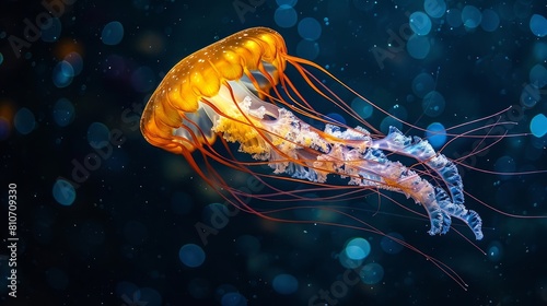 Orange-tinged jellyfish adrift in a dark underwater dreamscape