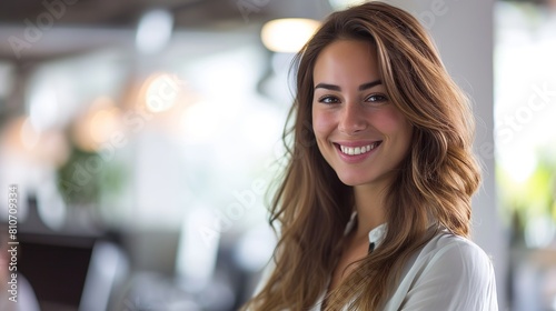 Confident entrepreneur: smiling businesswoman in casual attire poses in modern workspace environment