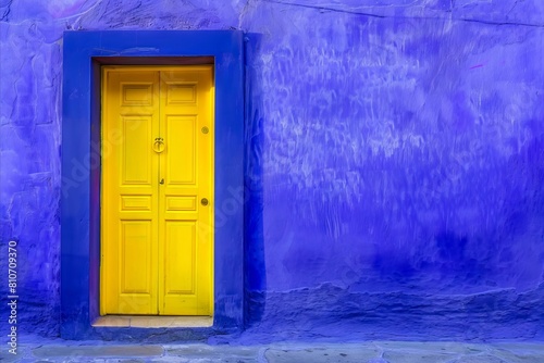 A yellow door in a blue wall. © VISUAL BACKGROUND
