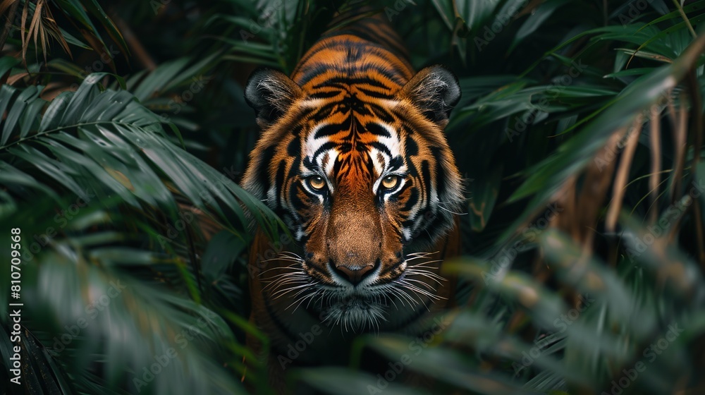 Magnificent tiger prowling through dense jungle foliage Magnificent tiger prowling through dense jungle foliage