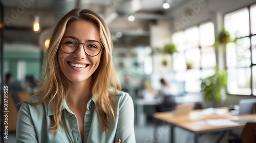 Confident entrepreneur: smiling businesswoman in casual attire poses in modern workspace environment photo