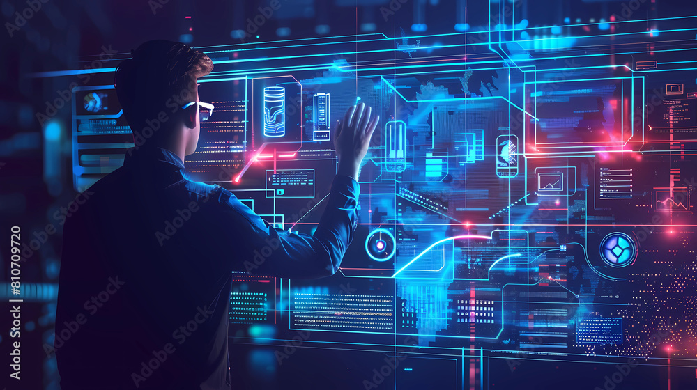 AI cyber security threat illustration, IT specialist analyzing data information technology, augmented reality artificial intelligence collage, copy space - Generated by Generative AI	