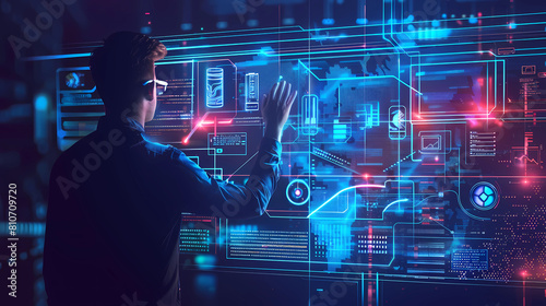 AI cyber security threat illustration, IT specialist analyzing data information technology, augmented reality artificial intelligence collage, copy space - Generated by Generative AI	