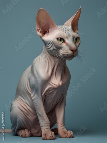 A Sphynx cat is sitting on a blue background. AI generated image
