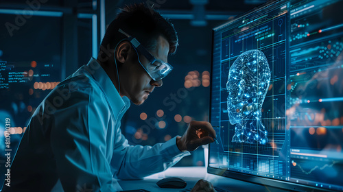 AI cyber security threat illustration, IT specialist analyzing data information technology, augmented reality artificial intelligence collage, copy space - Generated by Generative AI	