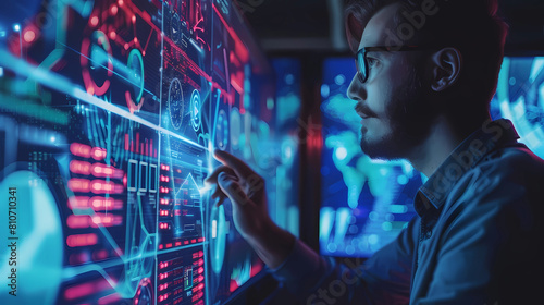 AI cyber security threat illustration, IT specialist analyzing data information technology, augmented reality artificial intelligence collage, copy space - Generated by Generative AI	