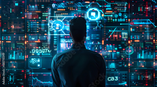 AI cyber security threat illustration, IT specialist analyzing data information technology, augmented reality artificial intelligence collage, copy space - Generated by Generative AI	
