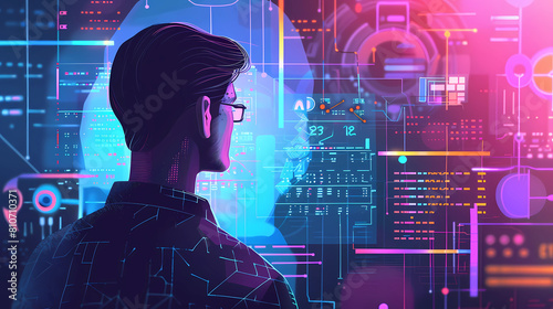 AI cyber security threat illustration, IT specialist analyzing data information technology, augmented reality artificial intelligence collage, copy space - Generated by Generative AI	