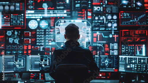 AI cyber security threat illustration, IT specialist analyzing data information technology, augmented reality artificial intelligence collage, copy space - Generated by Generative AI	