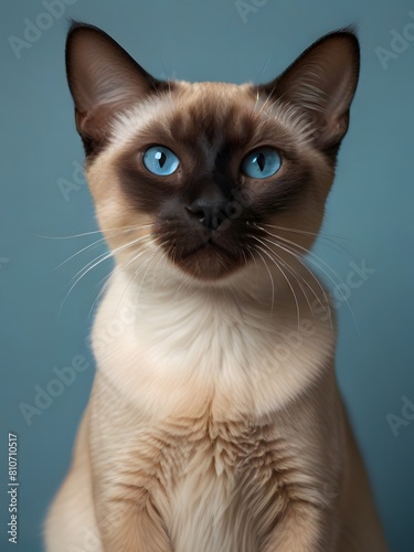A Siamese cat is sitting on a blue background. AI generated image