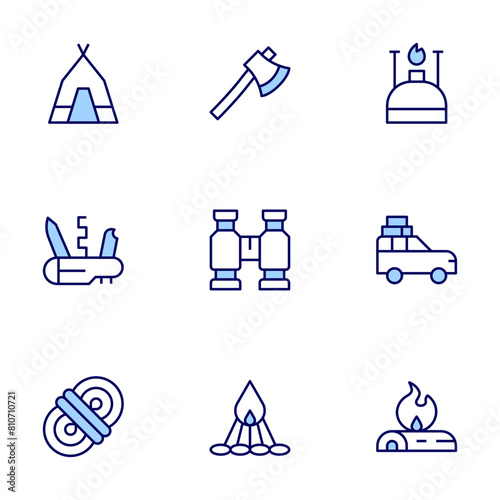 Camping icon set. Duo tone icon collection. Editable stroke, axe, binoculars, bonfire, pocket knife, rope, tent, car, firewood, gas. photo