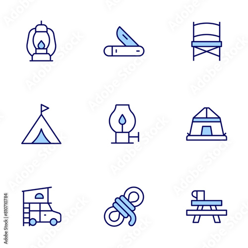 Camping icon set. Duo tone icon collection. Editable stroke, camping chair, tent, oil lamp, pocket knife, rope, camping table, camping, car, lantern. photo