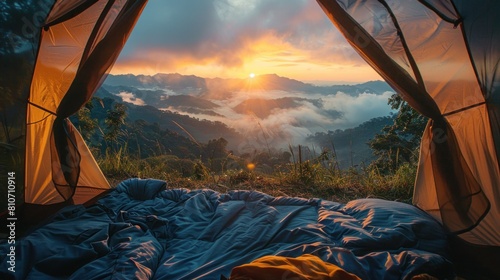 Camping tent in stunning view with sunrise in the morning, take a photo from inside the tent. travel concept.