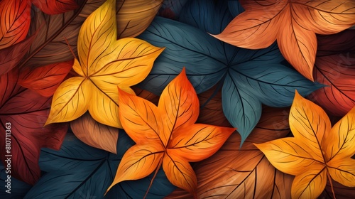 Illustrative depiction of a background filled with colorful leaves in abstract patterns