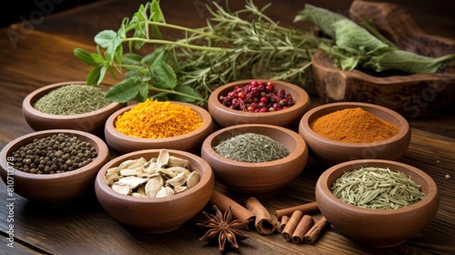 A bounty of herbs and spices arranged in wooden bowls and loose on a wood background