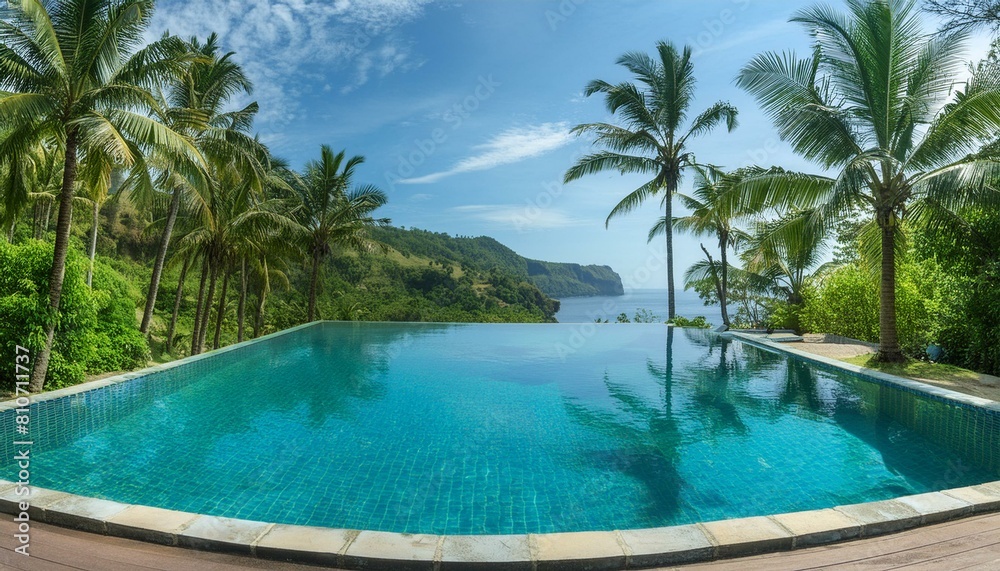 view of the sea from the mountain, pool in the tropical resort, landscape with lake and mountains, Exotic oasis in bali, a tropical swimming pool, nestled amidst the breathtaking scenery 