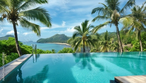 view of the sea from the mountain  pool in the tropical resort  landscape with lake and mountains  Exotic oasis in bali  a tropical swimming pool  nestled amidst the breathtaking scenery 