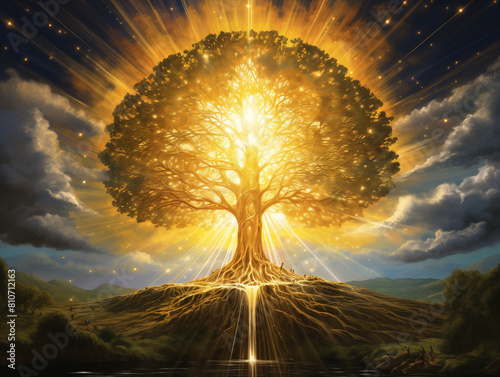Dawn's Radiance: The Golden Ray's Ascent Through the Timeless Tree