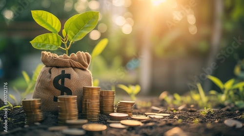 Sunlit stacked gold coins and flourishing money bag tree on wooden surface in public park - Conceptual representation of savings growth and business investment opportunities photo