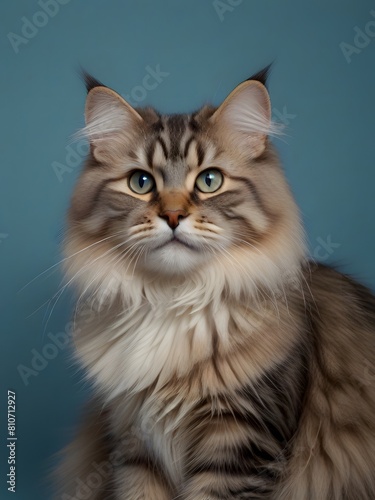 A Siberian cat is sitting on a blue background. AI generated image