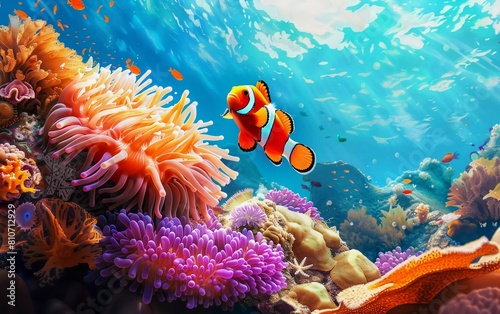 Cute anemone fish playing on the coral reef  beautiful colored clown fish on the coral reef  anemones on the tropical coral reef  which is very beautiful