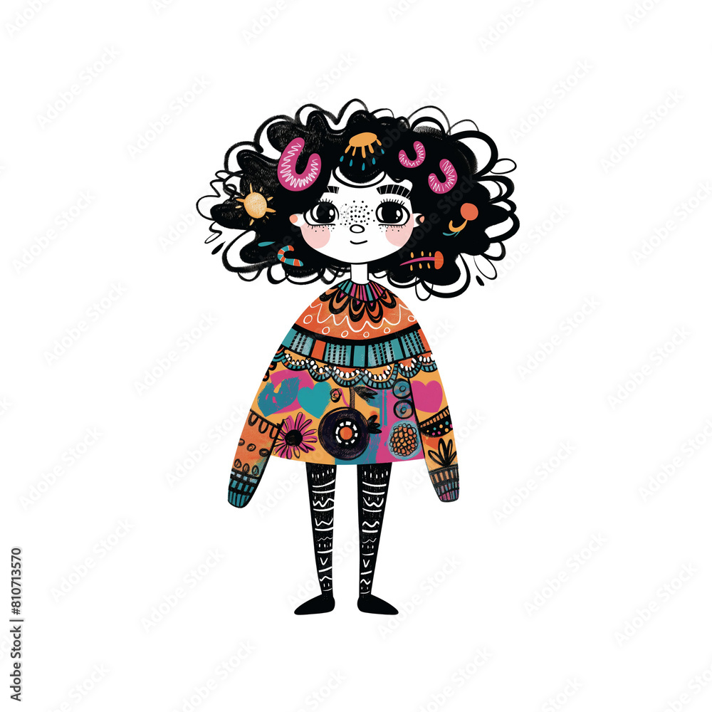 Fototapeta premium Charming illustration of a cheerful young girl in a colorful patterned sweater, with curly hair and whimsical doodles around her, perfect for children’s books or a heartwarming character design