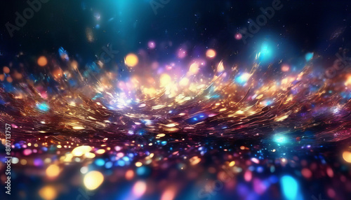 Beautiful abstract shiny light and glitter background. Abstract Colorful Neon bokeh Christmas texture. Cloud of multicolored particles in the air like sparkles on a dark background with depth of field photo