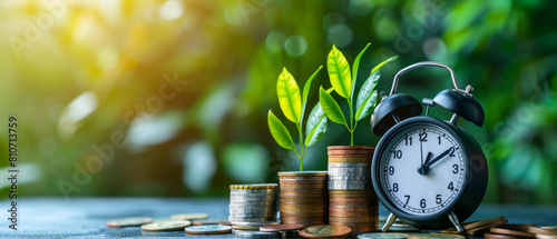 Glowing morning light over green leaves and stacks of coins with alarm clock, symbolizing growth and time in investments, concept of sustainable finance