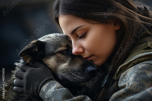 Portrait of a professional soldier in military uniform hugging dog generative AI photo