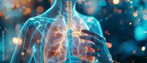 Closeup half body of pulmonology with Glow HUD big Icon of lung functionality photo