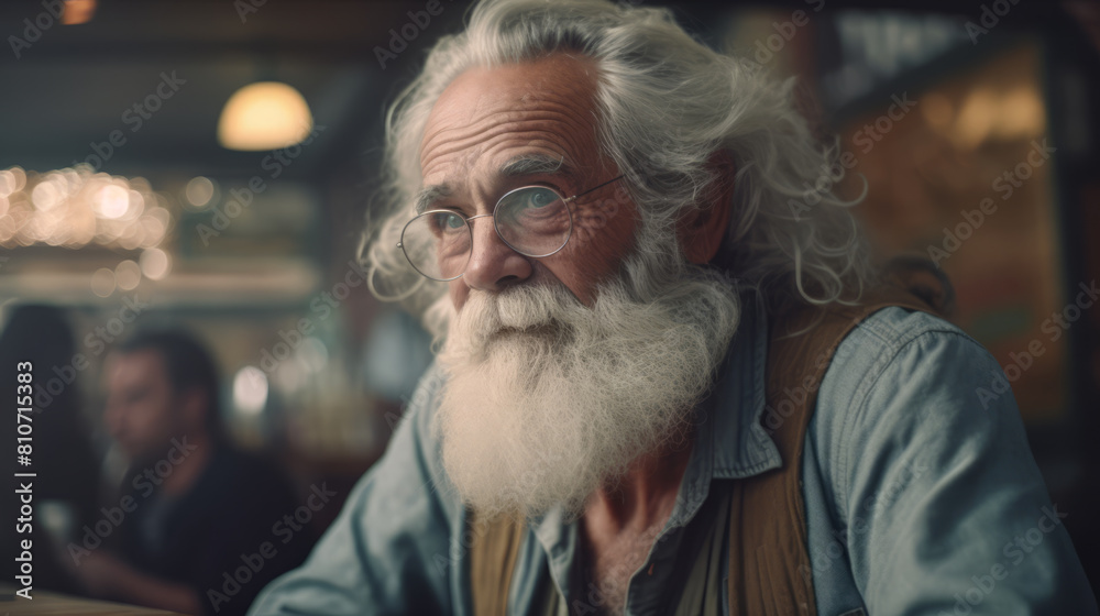 Elderly Man with White Beard and Glasses Contemplating in Cafe