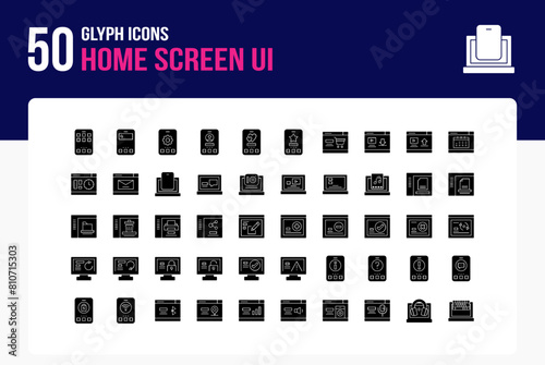 Set of 50 Home Screen icons related to home, search, Settings, User Glyph Icon collection