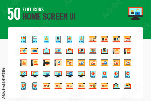 Set of 50 Home Screen icons related to home, search, Settings, User Flat Icon collection