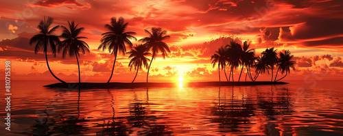 tropical paradise sunset background featuring palm trees and calm waters