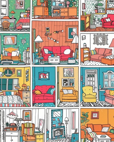 Adult coloring book front cover featuring a pattern of cosy rooms
