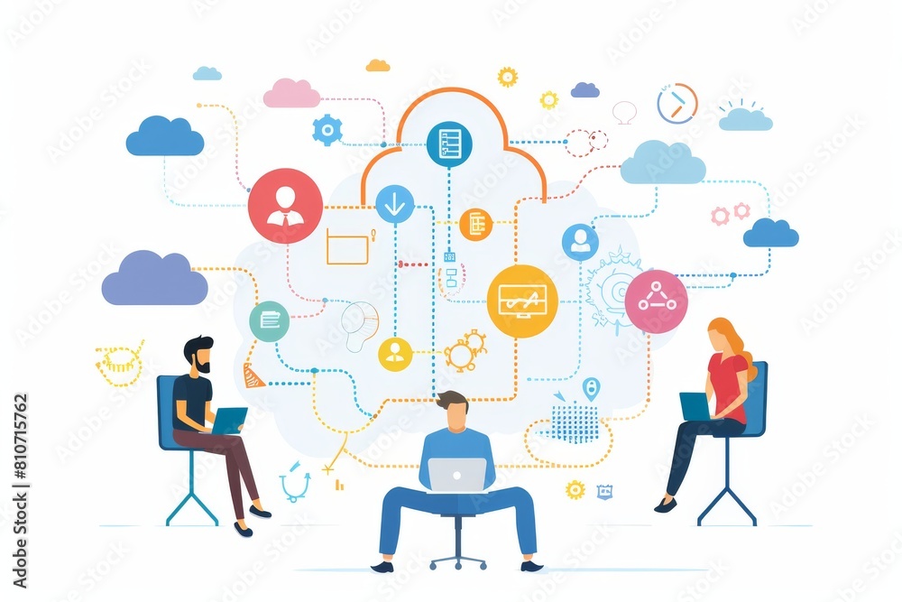 Flat icons in cloud brainstorming sessions with international accessible cloud environment and collaborative data Flat icons in cloud brainstorming sessions with international accessible cloud environment and collaborative data