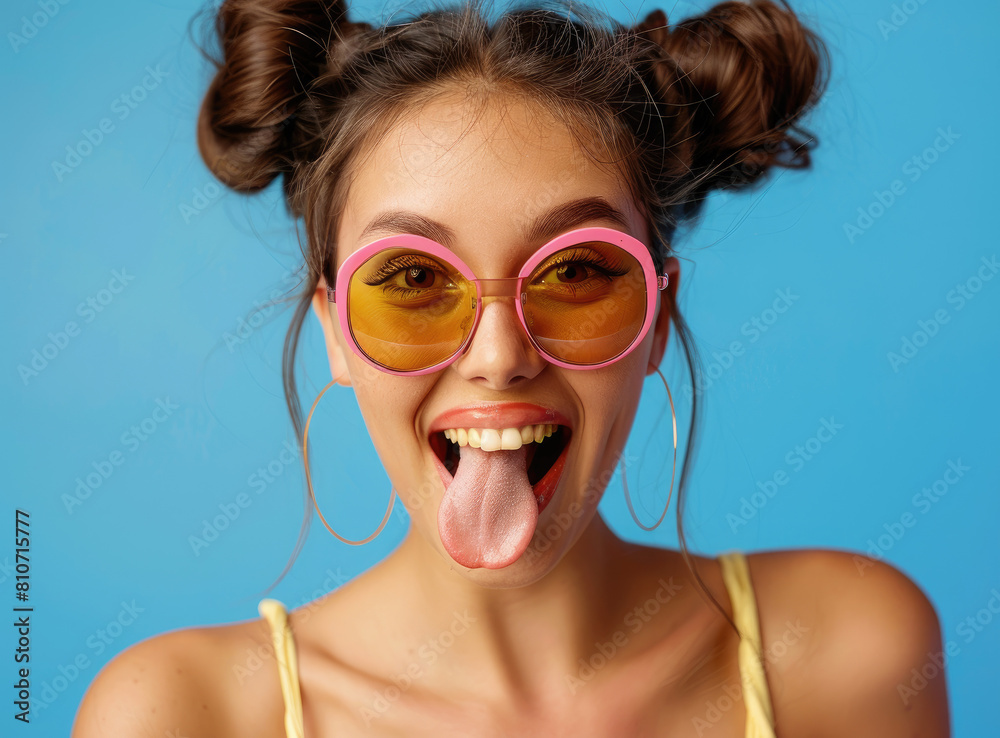 Portrait of a beautiful young woman with sunglasses and a two bun hairstyle showing her tongue while making a funny face on a blue background